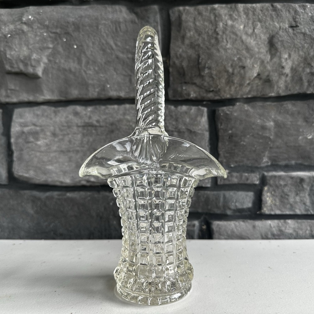 Vintage 70s Imperial Glass Monticello Handled Clear Crystal Basket Vase Waffle
